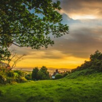 Golden sunset over a grassy countryside Countryside sunset with trees and fields