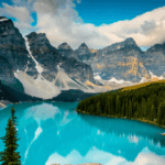 Snow-capped peaks reflected in turquoise lake Turquoise mountain lake reflecting snow-capped peaks