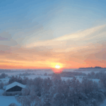 Sunrise illuminating snow-covered countryside Snowy winter morning with colorful sunrise sky